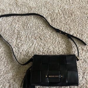 Michael kors black leather weave crossbody tassel